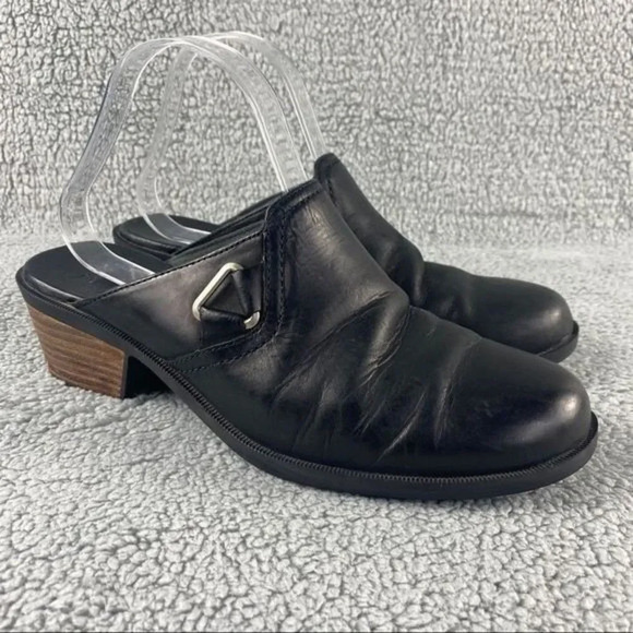 Teva foxy womens 10 Clogs Casual Mule Sandals Black Leather Block Heels Slip on‎ - Picture 2 of 12